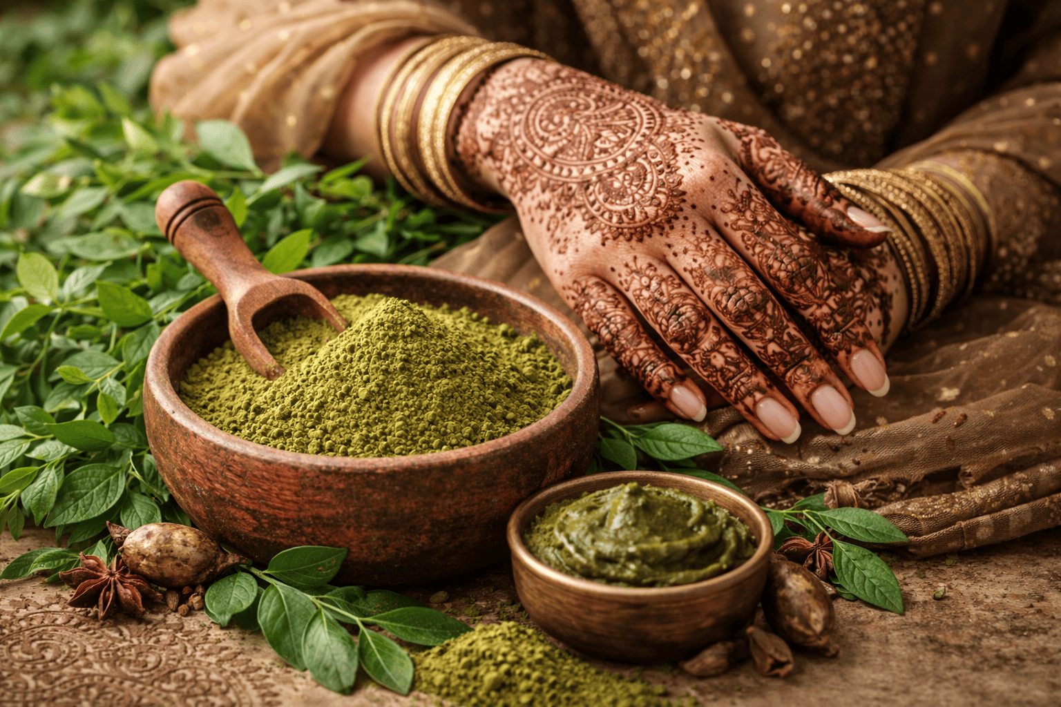 Natural henna powder with fresh leaves and intricate mehndi design on hands for hair care and body art