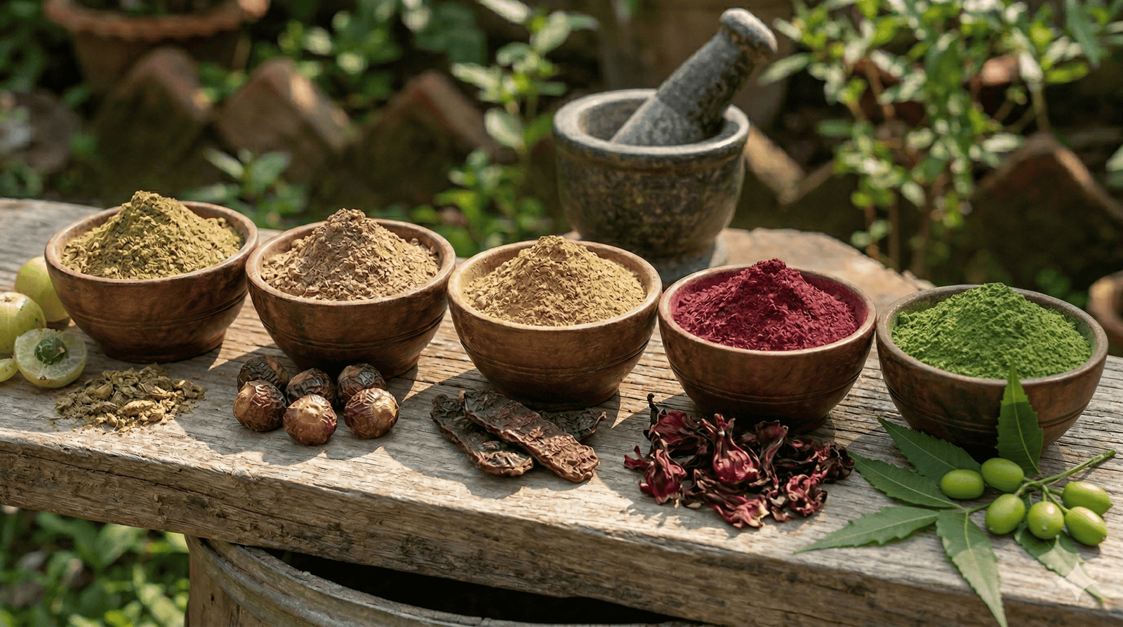 Ayurvedic hair care powders including amla, reetha, shikakai, hibiscus, and bhringraj