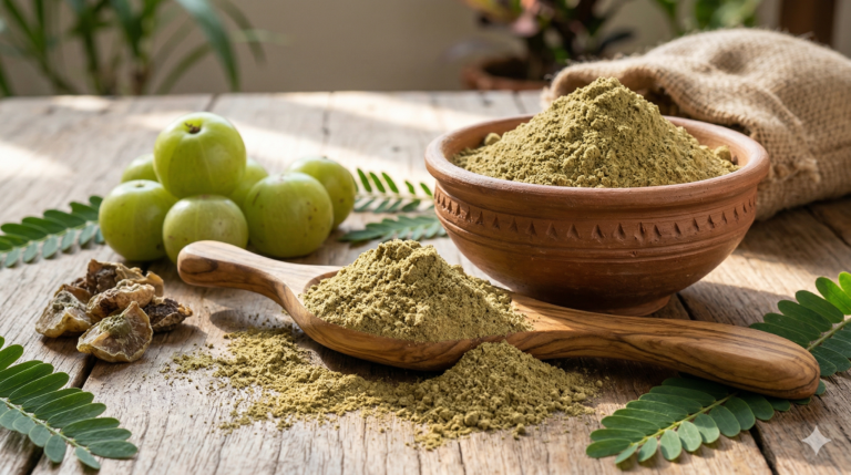 A high-angle, cinematic shot of natural amla powder and fresh amla fruits
