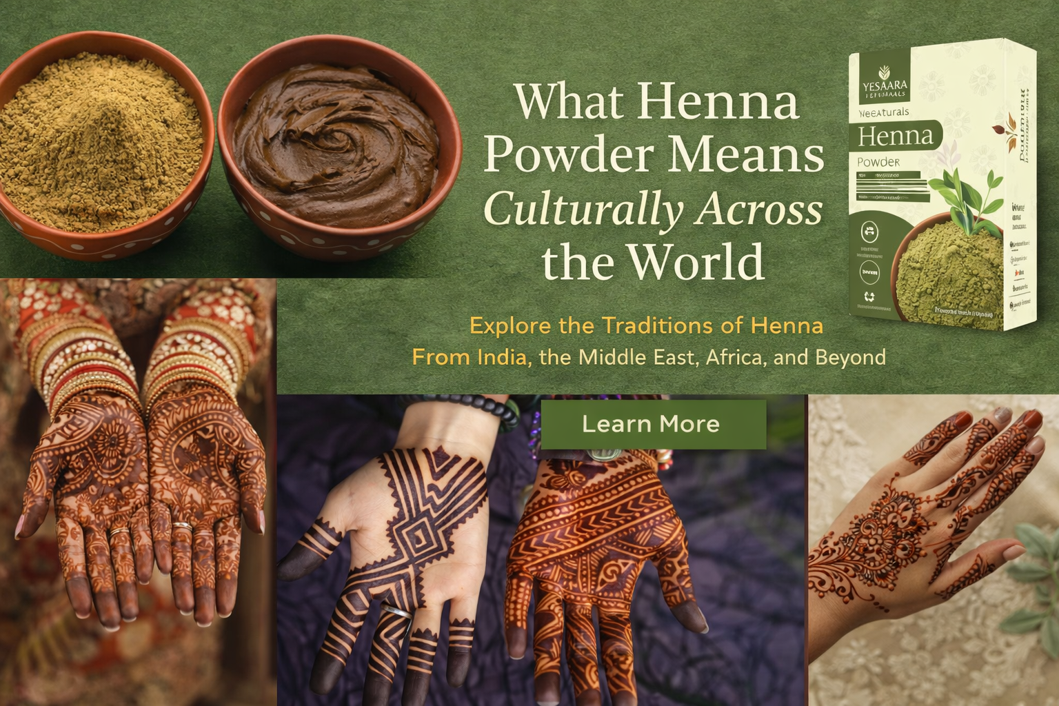 “Collage showing henna powder and paste, traditional mehndi designs on hands, and natural henna product packaging representing global cultural uses of henna.”