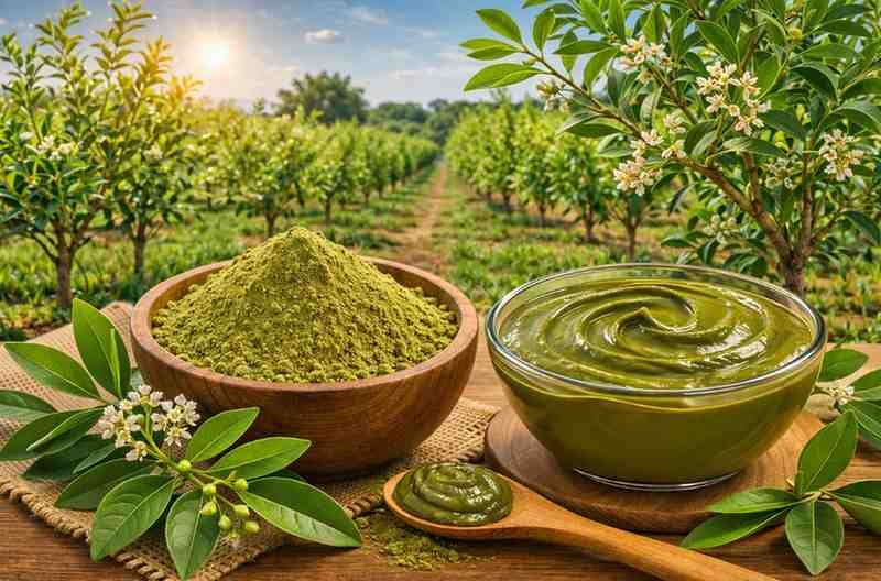 Pure henna powder and smooth henna paste in wooden bowls with fresh leaves, set in a natural henna farm background