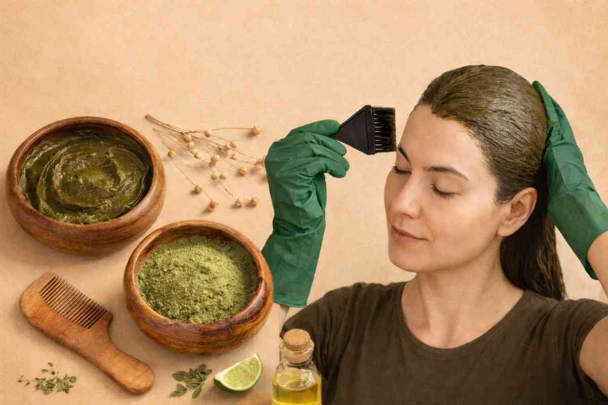 Woman applying henna hair mask at home using natural ingredients for healthy hair