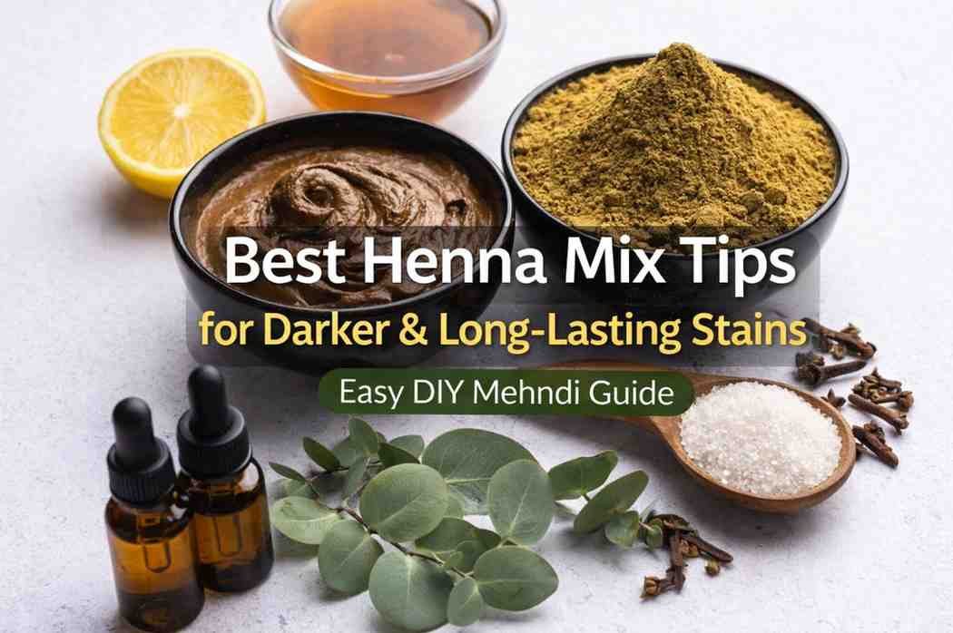 Henna powder and paste with natural ingredients like lemon, sugar, and essential oils for a perfect henna mix