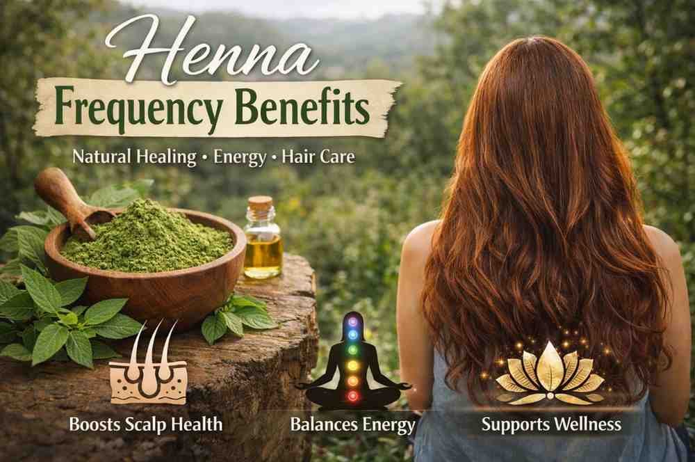 Natural henna powder and woman with long healthy hair showing henna frequency benefits for scalp health and wellness