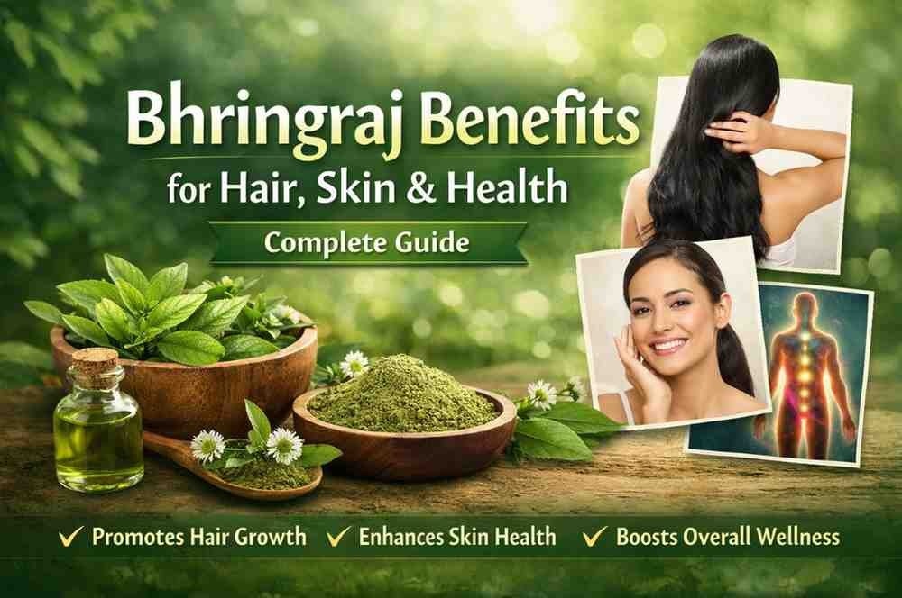 Bhringraj benefits for hair growth, skin health, and overall wellness with herbal leaves, powder, and oil