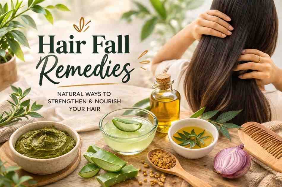 Woman applying natural hair fall remedies with henna paste, aloe vera, and herbal oils for healthy hair growth