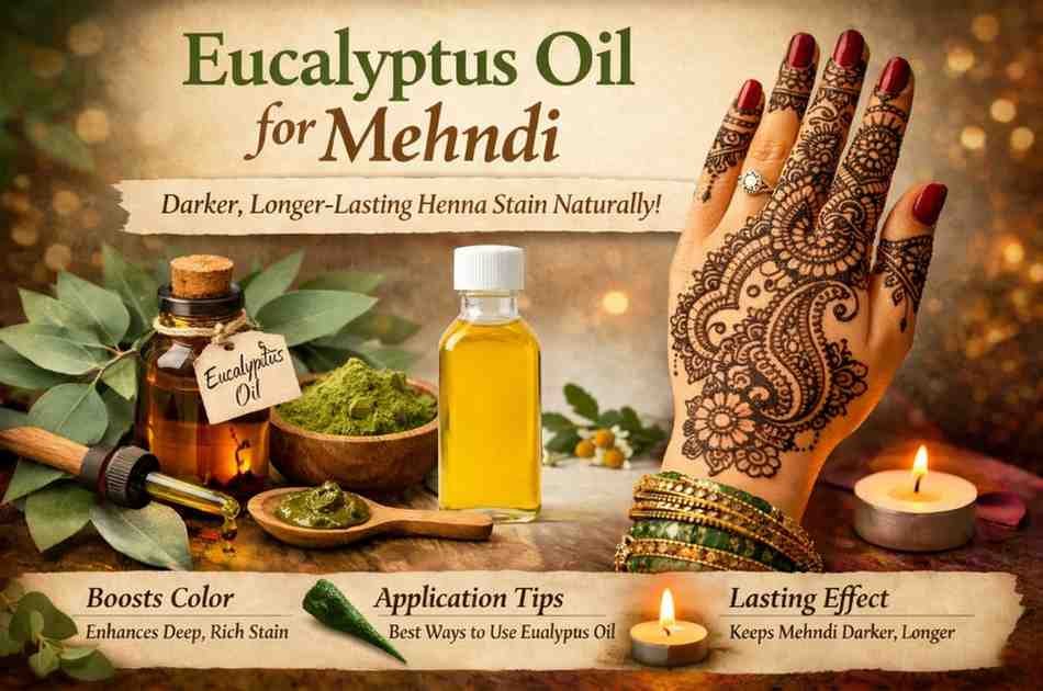 Eucalyptus oil bottle used to enhance mehndi color and achieve a darker henna stain naturally