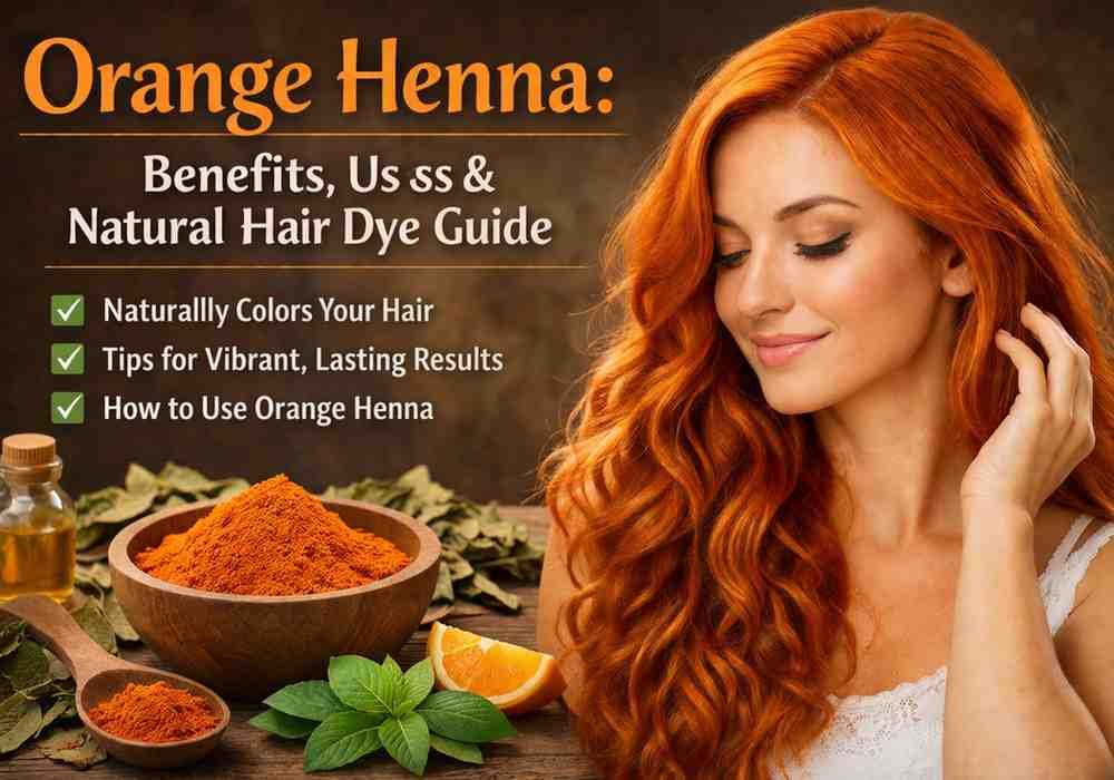 Woman with vibrant orange henna hair showcasing natural hair dye results with henna powder and leaves