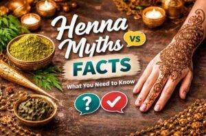 Henna myths vs facts concept image with mehndi design hand and natural henna ingredients
