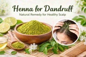 Henna powder and natural ingredients for dandruff treatment applied on scalp