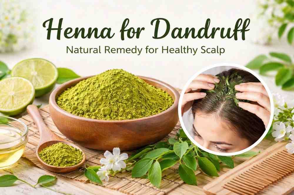 Henna powder and natural ingredients for dandruff treatment applied on scalp