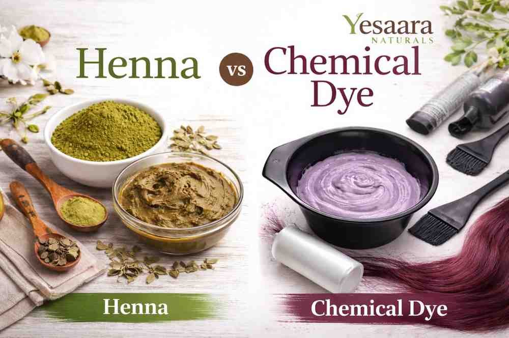 Henna vs chemical hair dye comparison with Yesaara Naturals branding