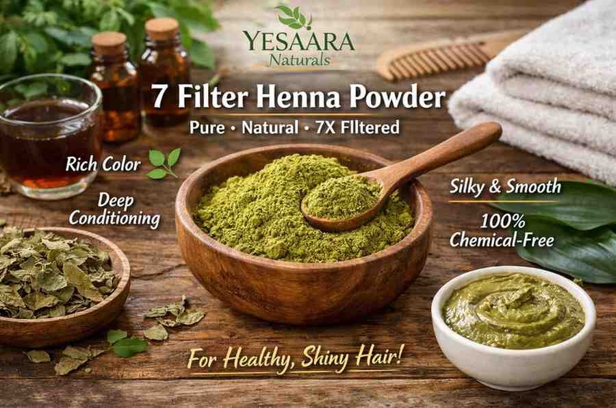 Wooden bowl of 7 filter henna powder with spoon, surrounded by natural ingredients for healthy hair