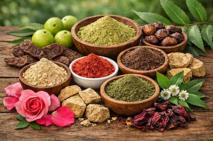 Herbal powders including amla, reetha, shikakai, neem, hibiscus, bhringraj, multani mitti and rose arranged in wooden bowls
