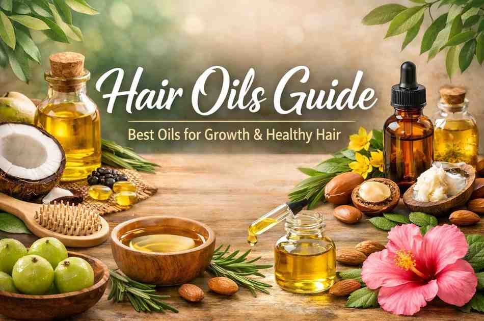 Hair oils guide featuring coconut, almond, amla, and herbal oils for healthy hair growth