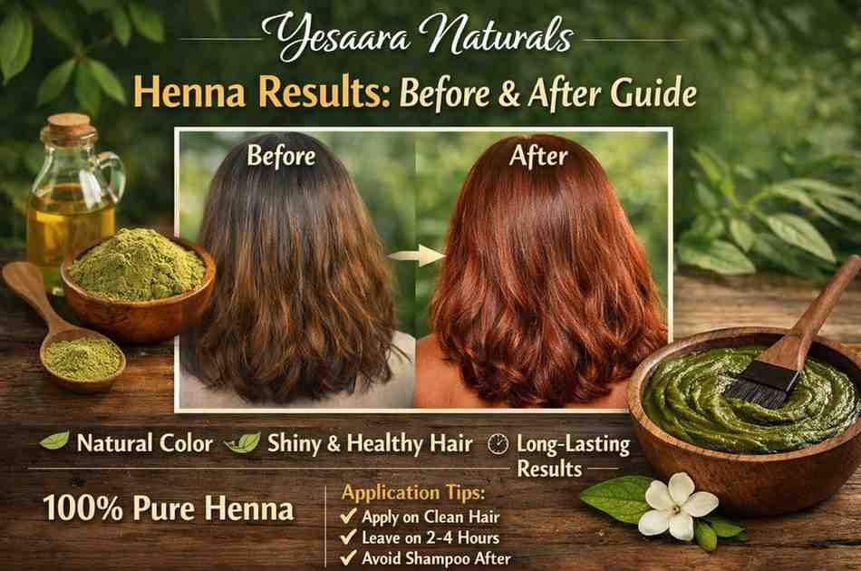 Yesaara Naturals henna results before and after showing shiny reddish-brown hair transformation