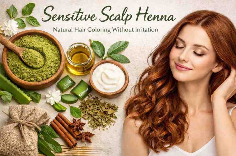 Sensitive scalp henna with natural ingredients like aloe vera and herbal powder for gentle hair coloring