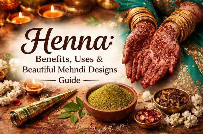 Beautiful henna mehndi designs on hands with natural henna powder and traditional elements