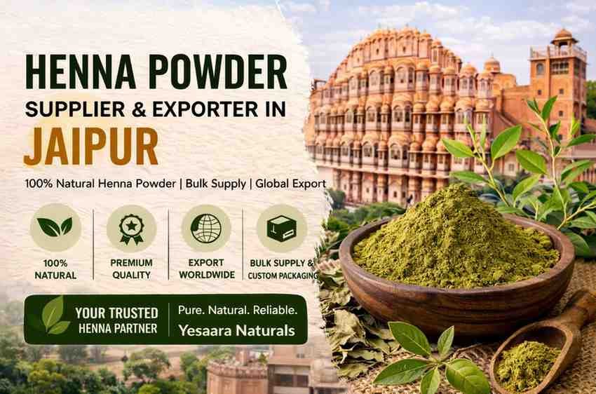 Natural henna powder in a wooden bowl with leaves and Jaipur Hawa Mahal background representing a henna powder supplier and exporter in Jaipur
