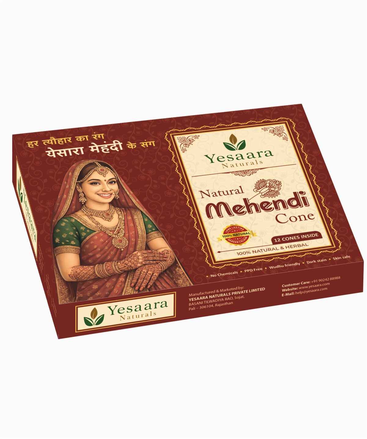 Yesaara Naturals Natural Bridal Mehendi Cone with Dark Stain made from premium Sojat henna for beautiful wedding and festive mehendi designs