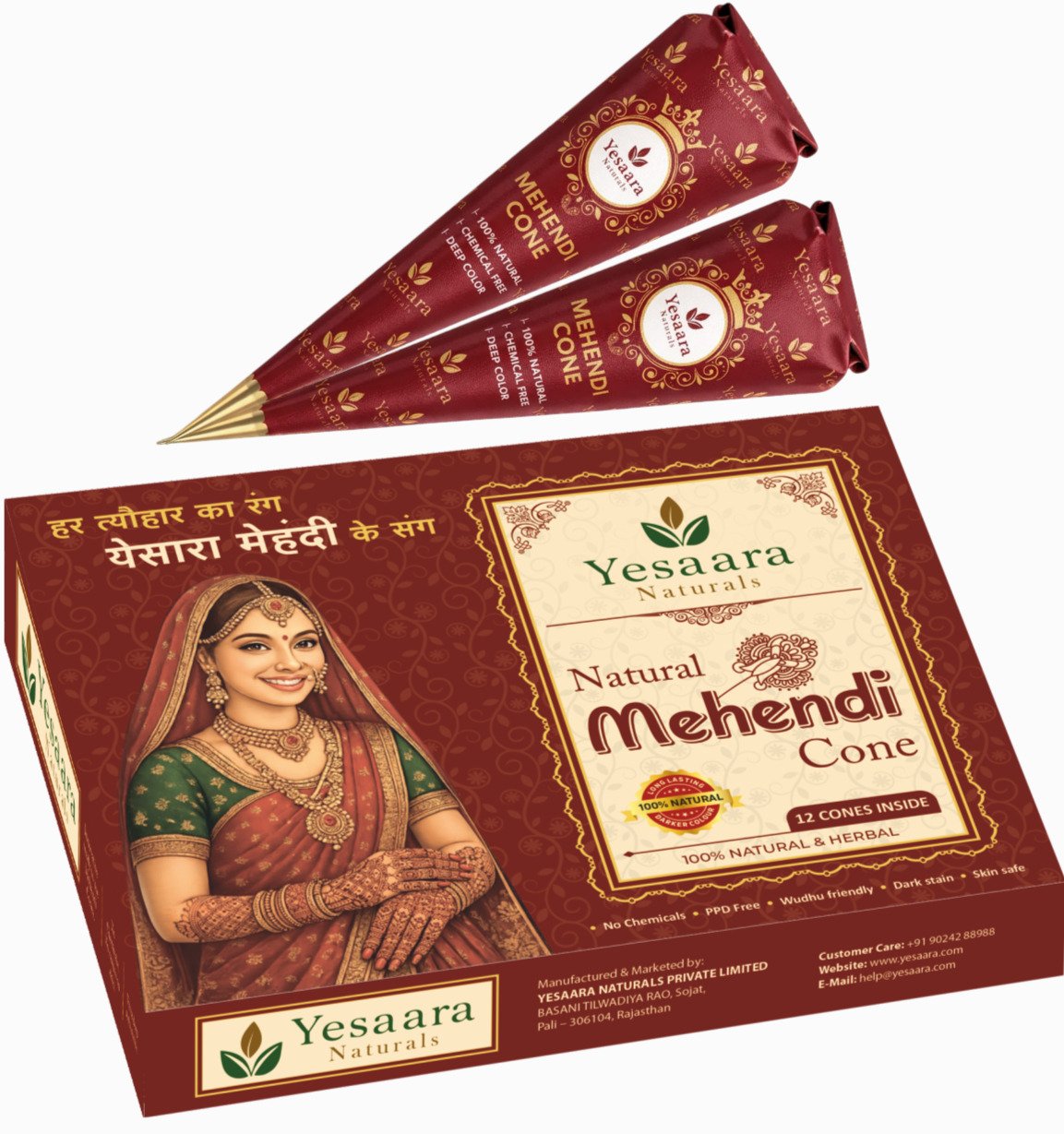 Yesaara Naturals Organic Henna Cone for Body Art with Dark Natural Mehendi Stain